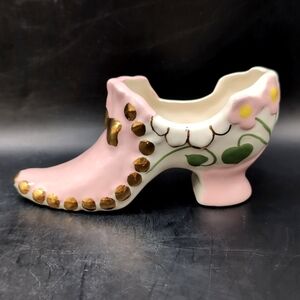 Vintage Porcelain Pink Glazed Pump / Shoe - Floral Decoration Gold Tone Accents